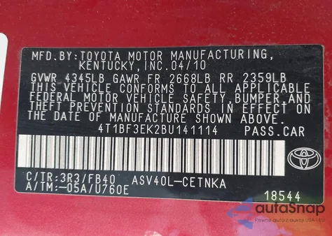 2011 Toyota Camry Le from USA, damaged, VIN 4T1BF3EK2BU141114